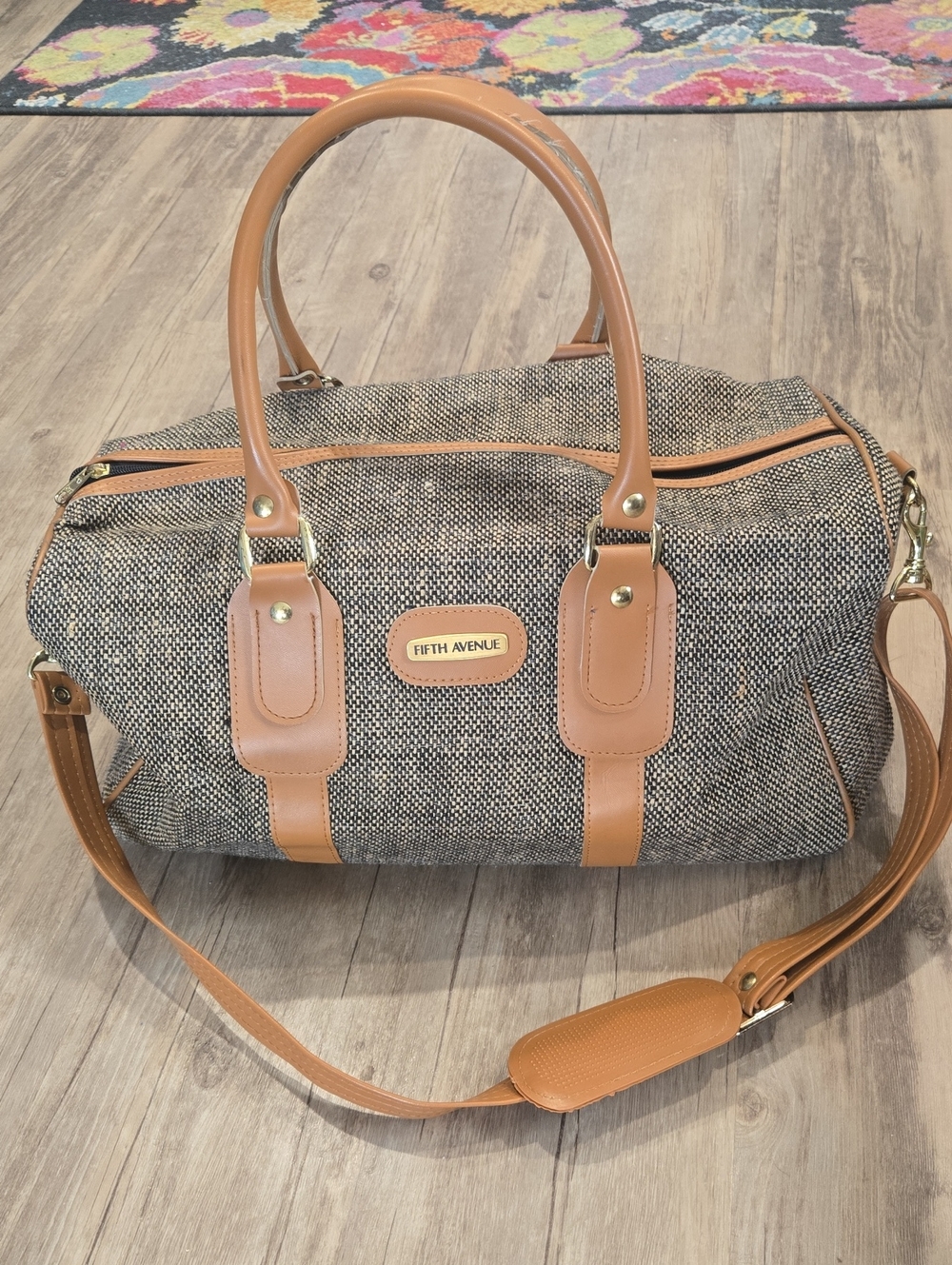 Fifth Avenue Tan Trim Tweed Travel Duffel Bag